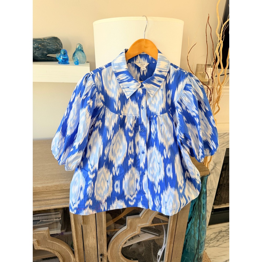 Crown & Ivy Ikat Button Down Top Women Blue PL